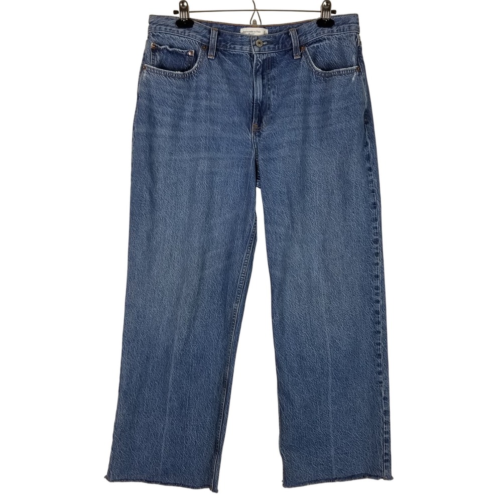 Abercrombie & Fitch The Loose High Rise Jeans Womens 32/14s Blue Raw Hem